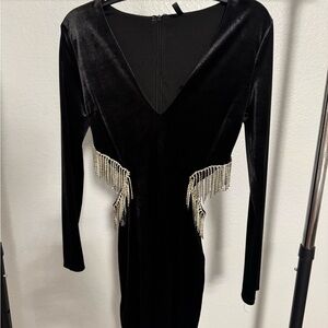 Blanc Noir Black Velvet Dress with Rhinestone Fringe